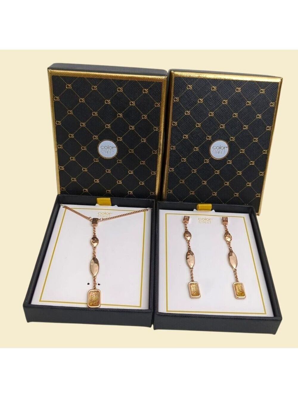 Color Street Tokyo Lights Rose Gold Tone Dangling Earrings & 18in Necklace Set